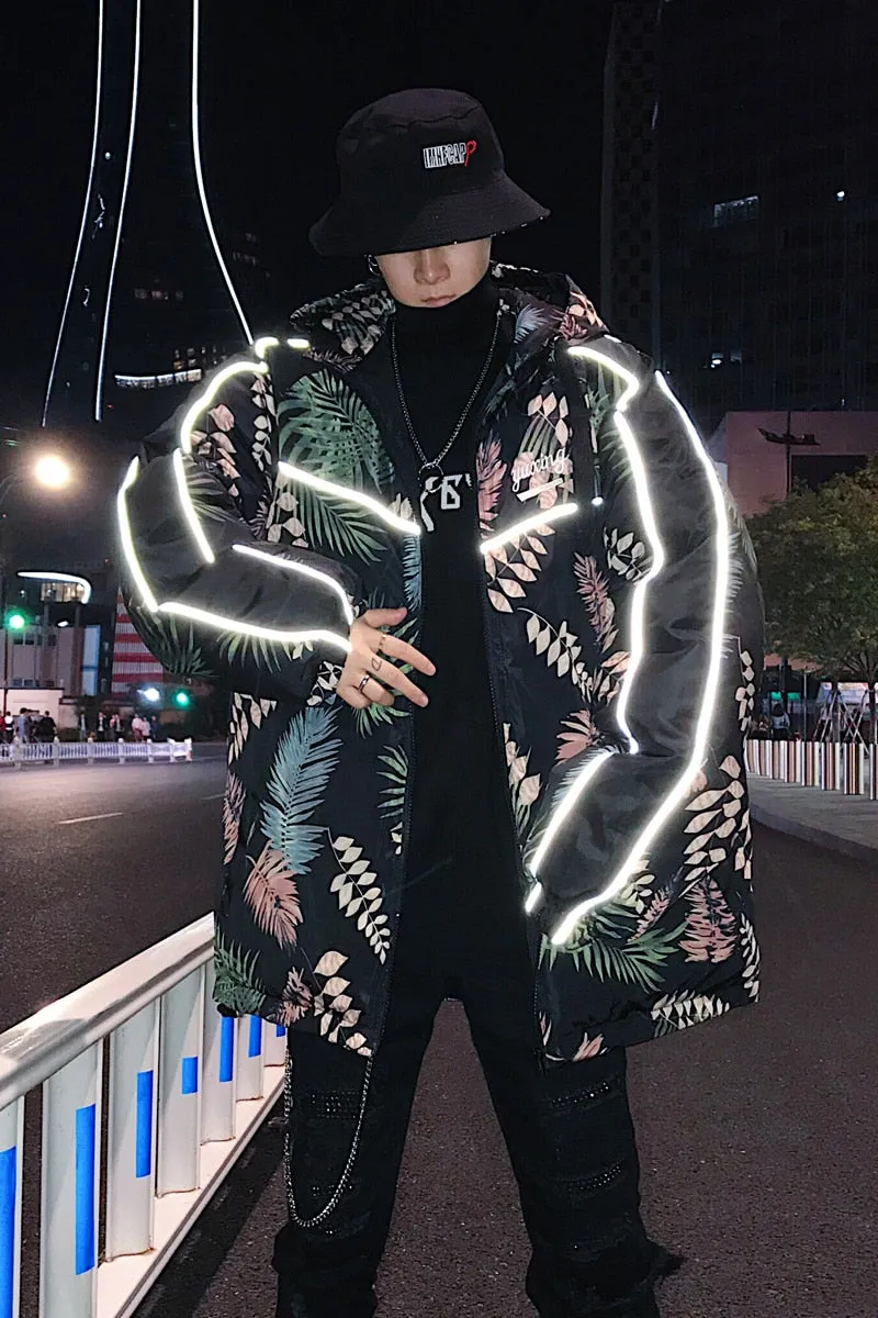 Leaves Printing with Reflective Strip Men Hooded Streetwear Jacket