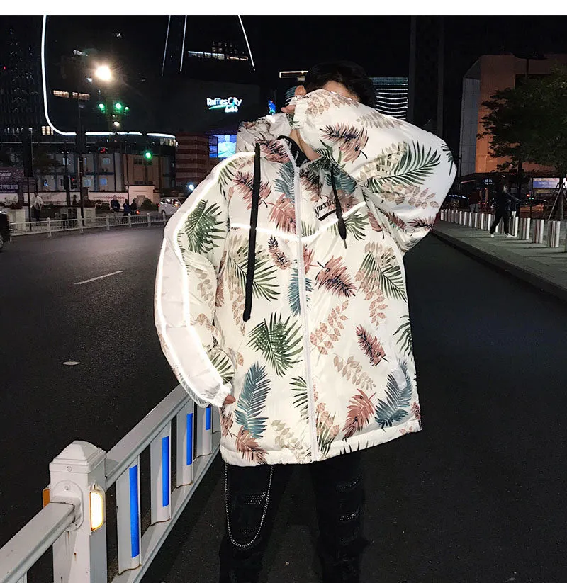 Leaves Printing with Reflective Strip Men Hooded Streetwear Jacket