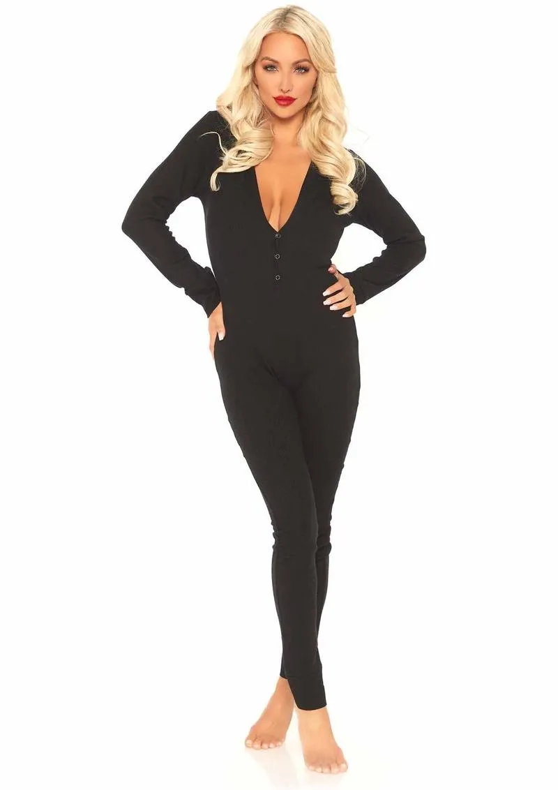 Leg Avenue Cozy Brushed Rib Long Johns with Cheeky Snap Closure Back Flap