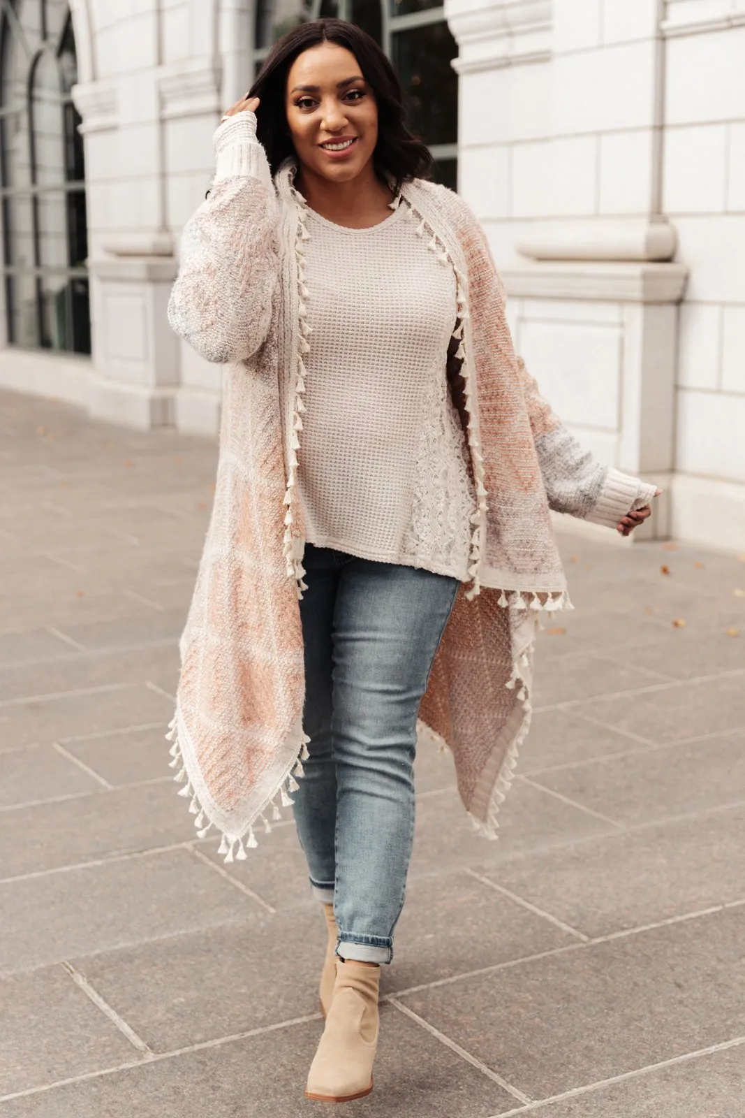 Lined with Tassel Cardigan in Mauve/Blue