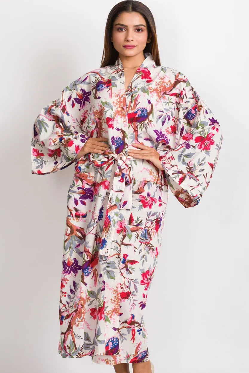 Long Cotton Robe - Ivory Forest Bird