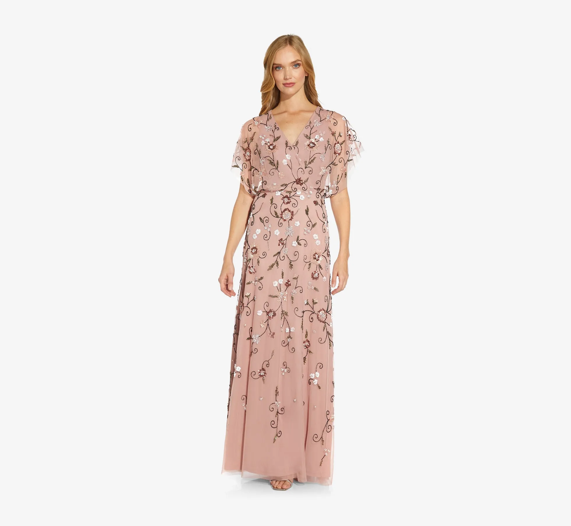 Long Hand Beaded Flutter Sleeve Blouson Gown In Candied Ginger