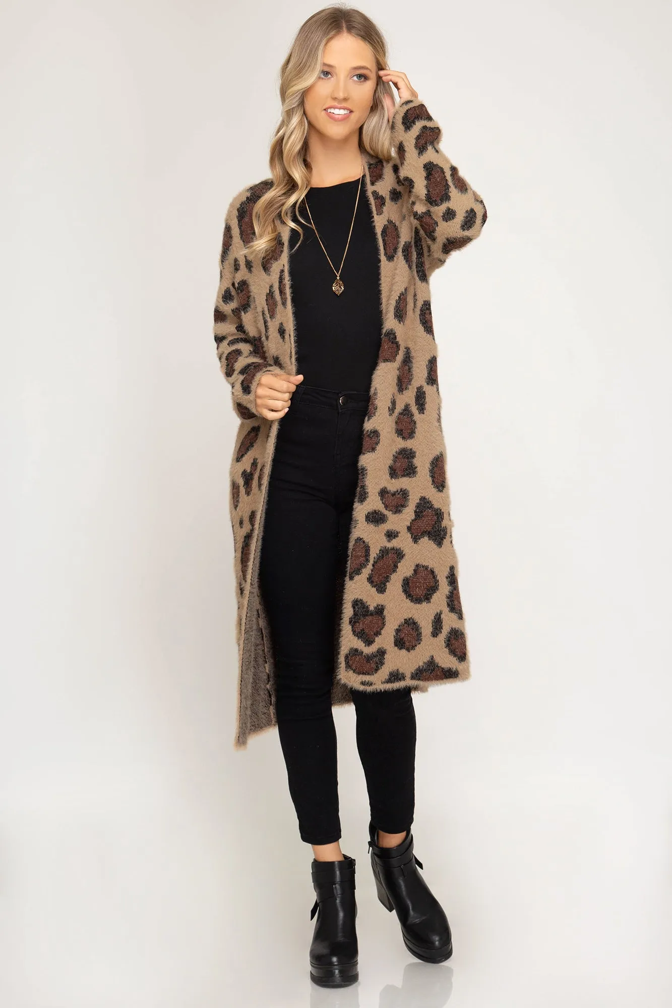 Long sleeve leopard fuzzy front open long cardigan