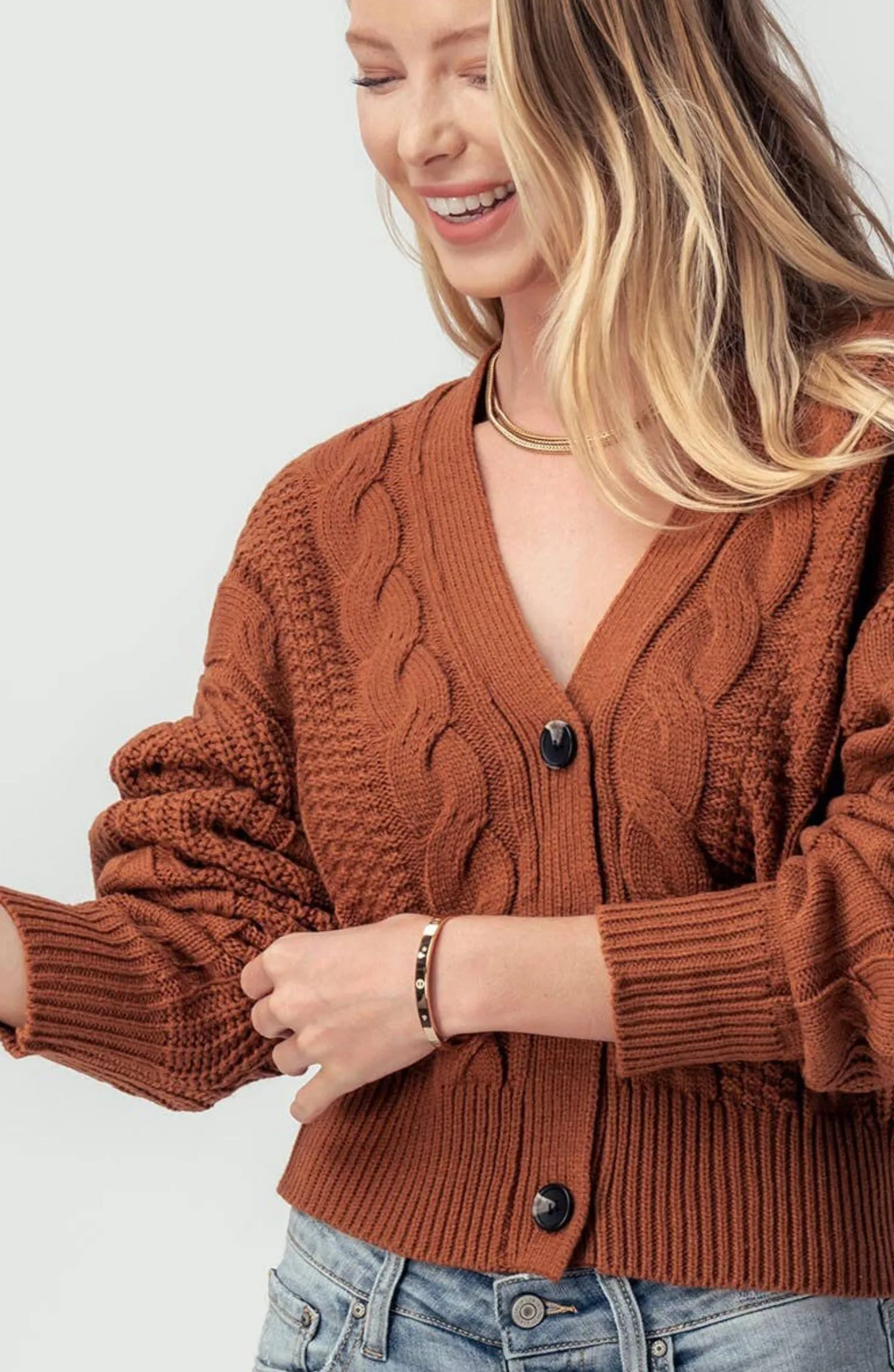 Love Tree Terracotta Drop Shoulder Cable Knit  Short Cardigan