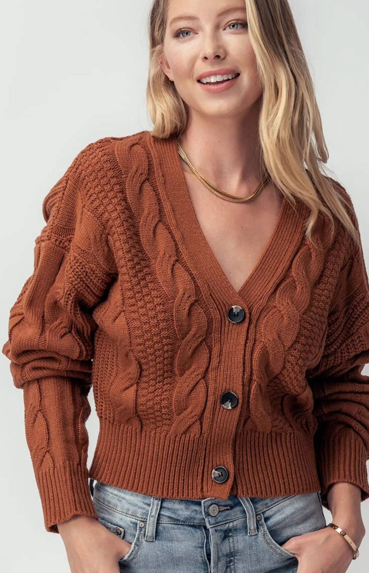 Love Tree Terracotta Drop Shoulder Cable Knit  Short Cardigan