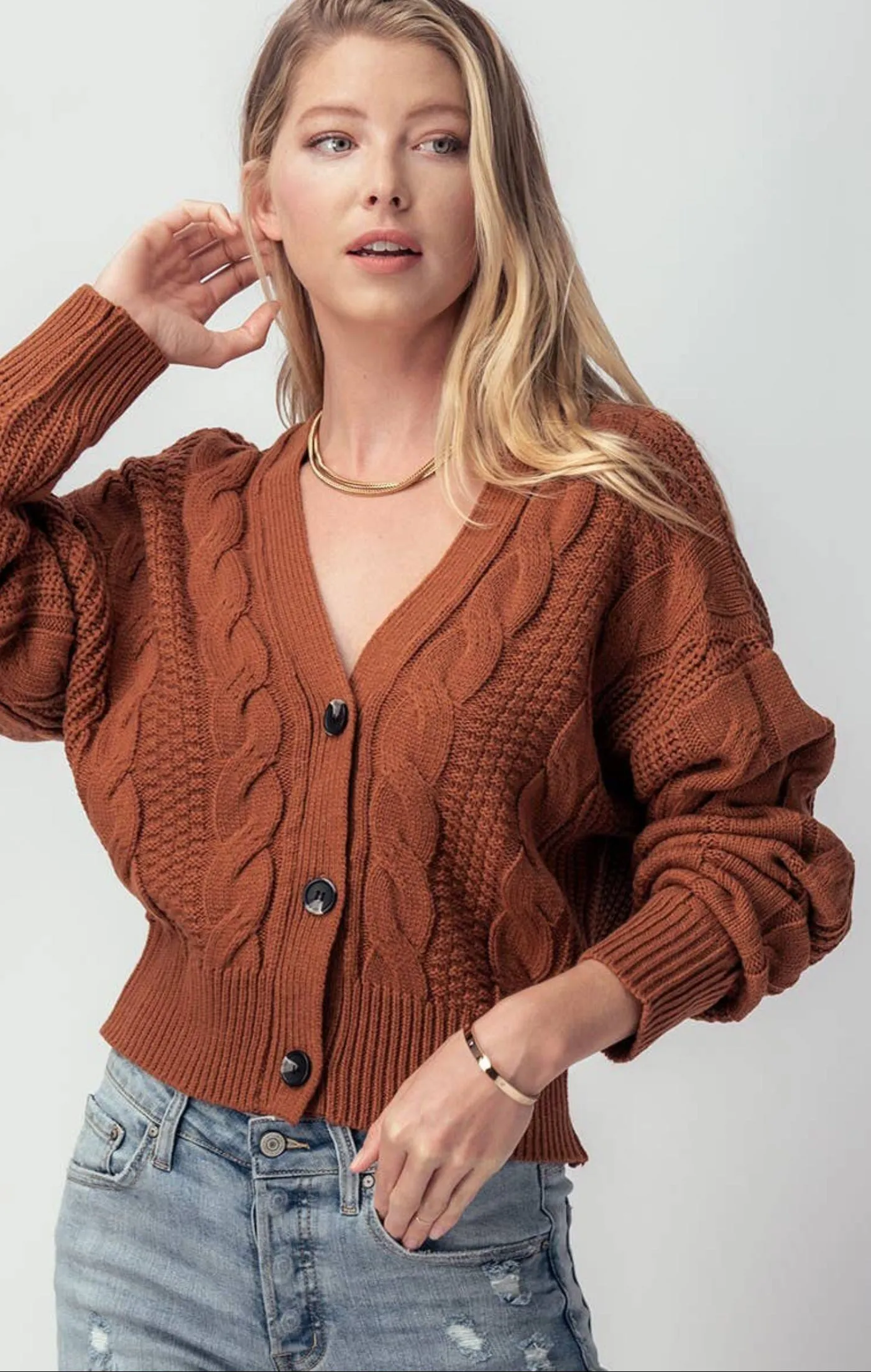 Love Tree Terracotta Drop Shoulder Cable Knit  Short Cardigan