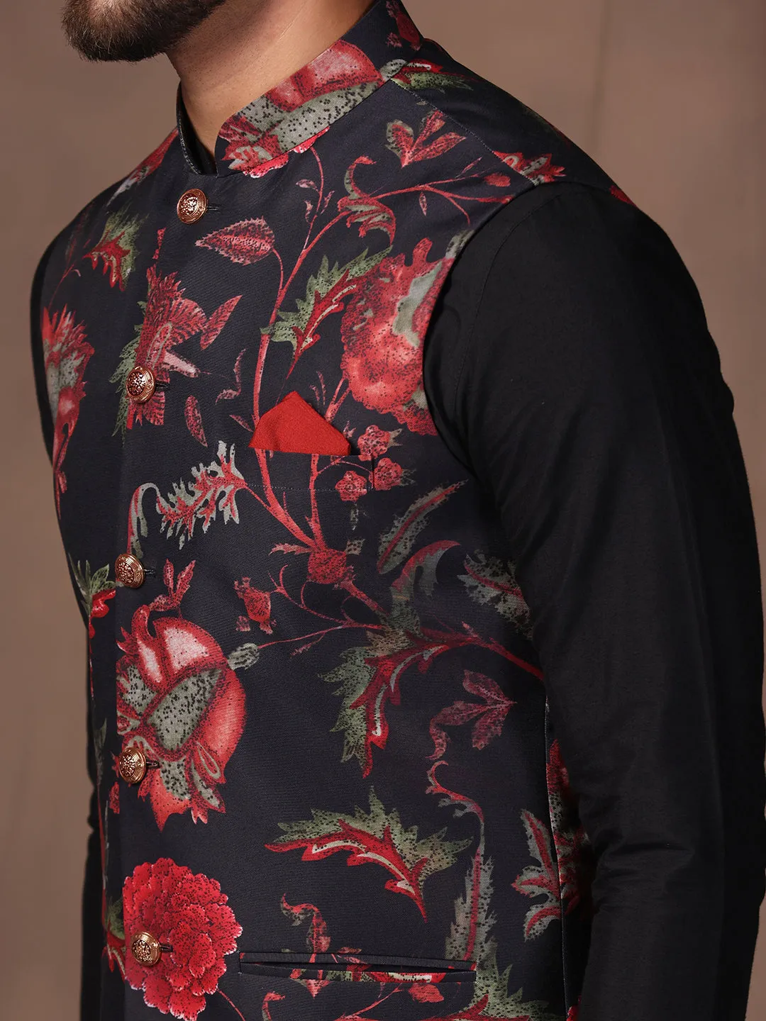 Men Black Printed Jacket (Set of 1)