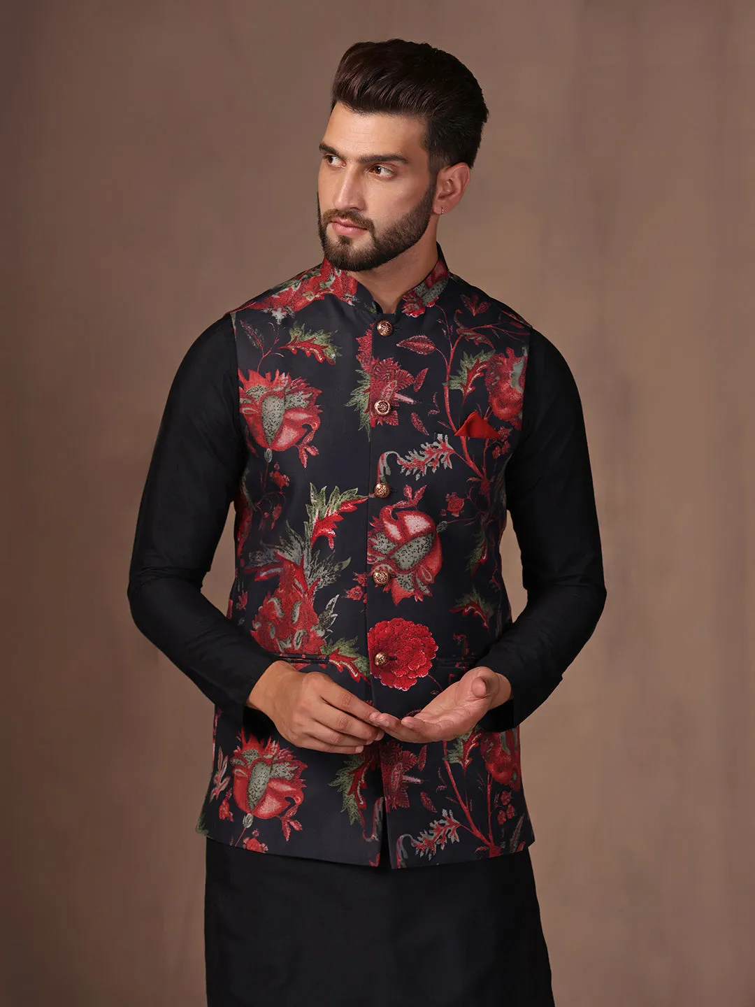 Men Black Printed Jacket (Set of 1)