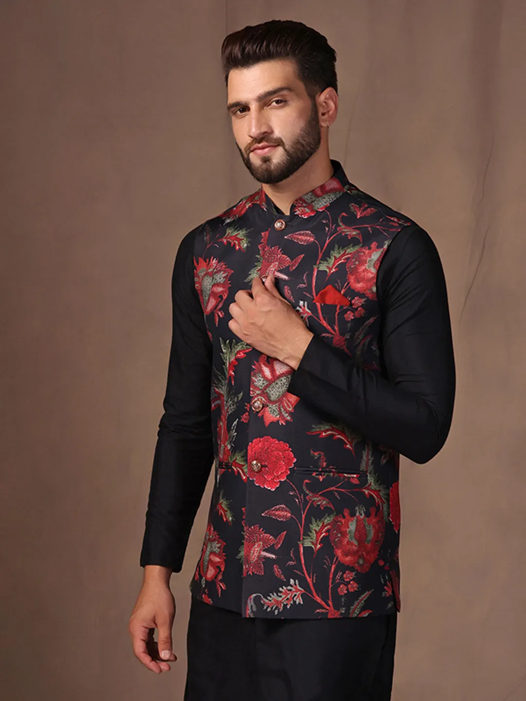 Men Black Printed Jacket (Set of 1)