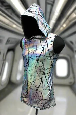 MEN'S HOODIE T - CRACKED HOLOGRAM FABRIC - WHITE