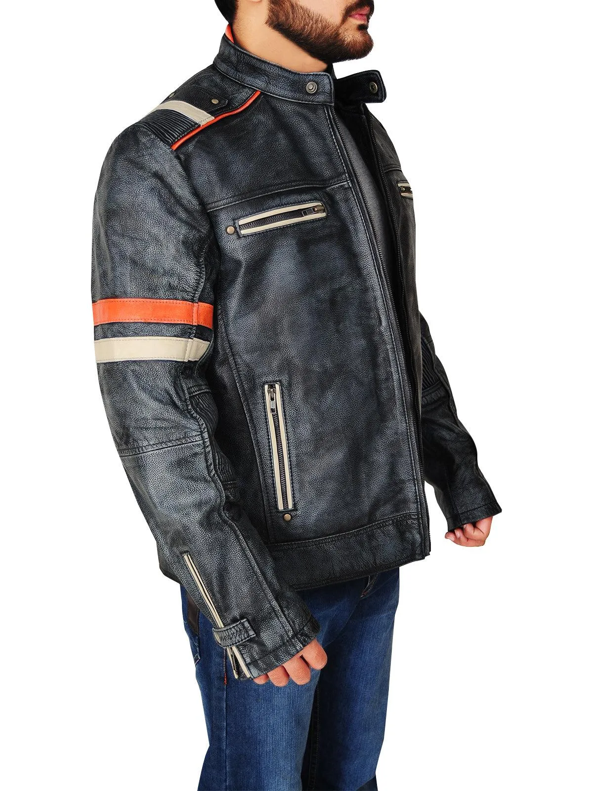 Men's Trending Black Cafe Distressed Racer Jacket