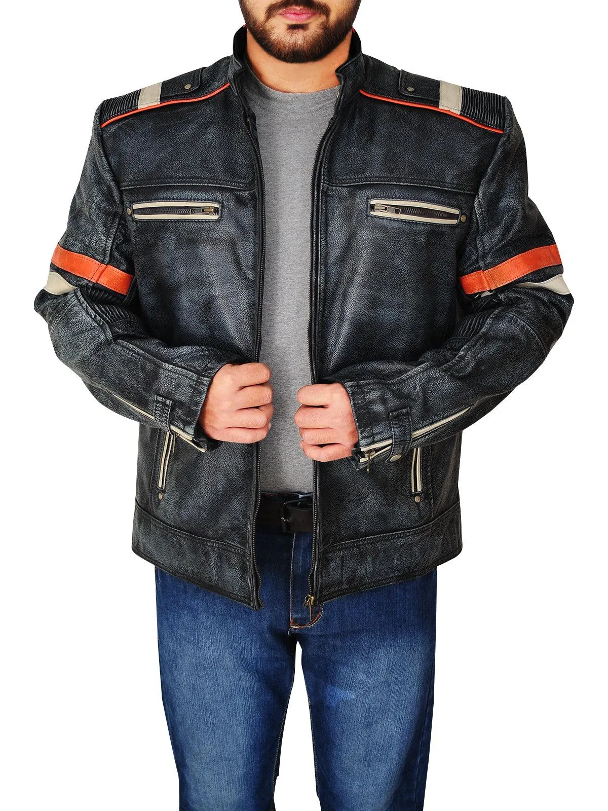 Men's Trending Black Cafe Distressed Racer Jacket