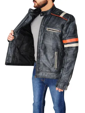 Men's Trending Black Cafe Distressed Racer Jacket