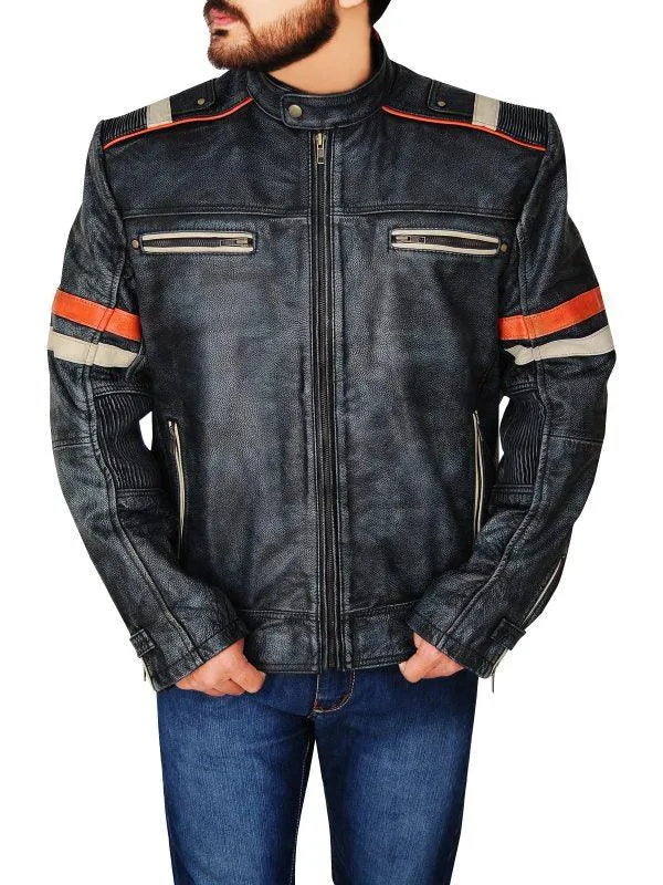 Men's Trending Black Cafe Distressed Racer Jacket