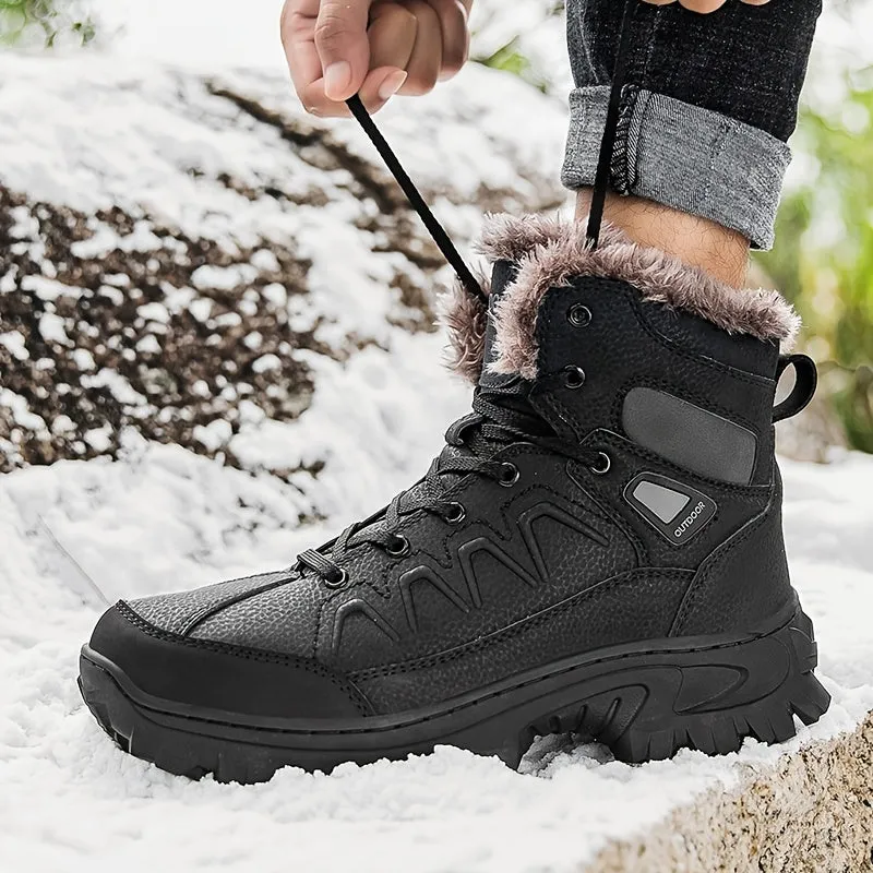 Men's Warm Fleece Snow Boots, Wear-resistant Comfortable Non-Slip Outdoor Hiking Boots, Winter, Black