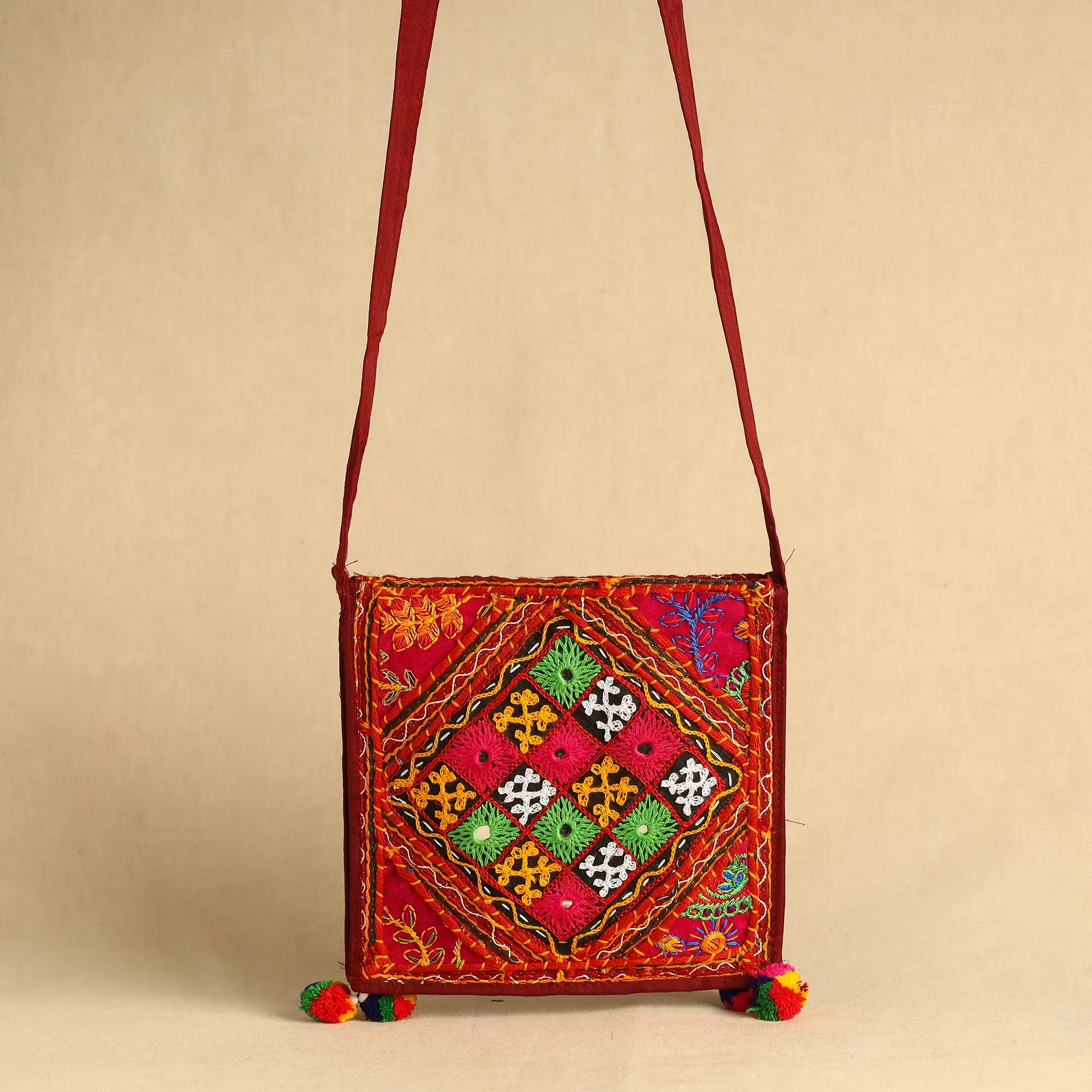 Multicolor - Kutch Abhla Bawariya Hand Embroidery Mirror Work Sling Bag 08