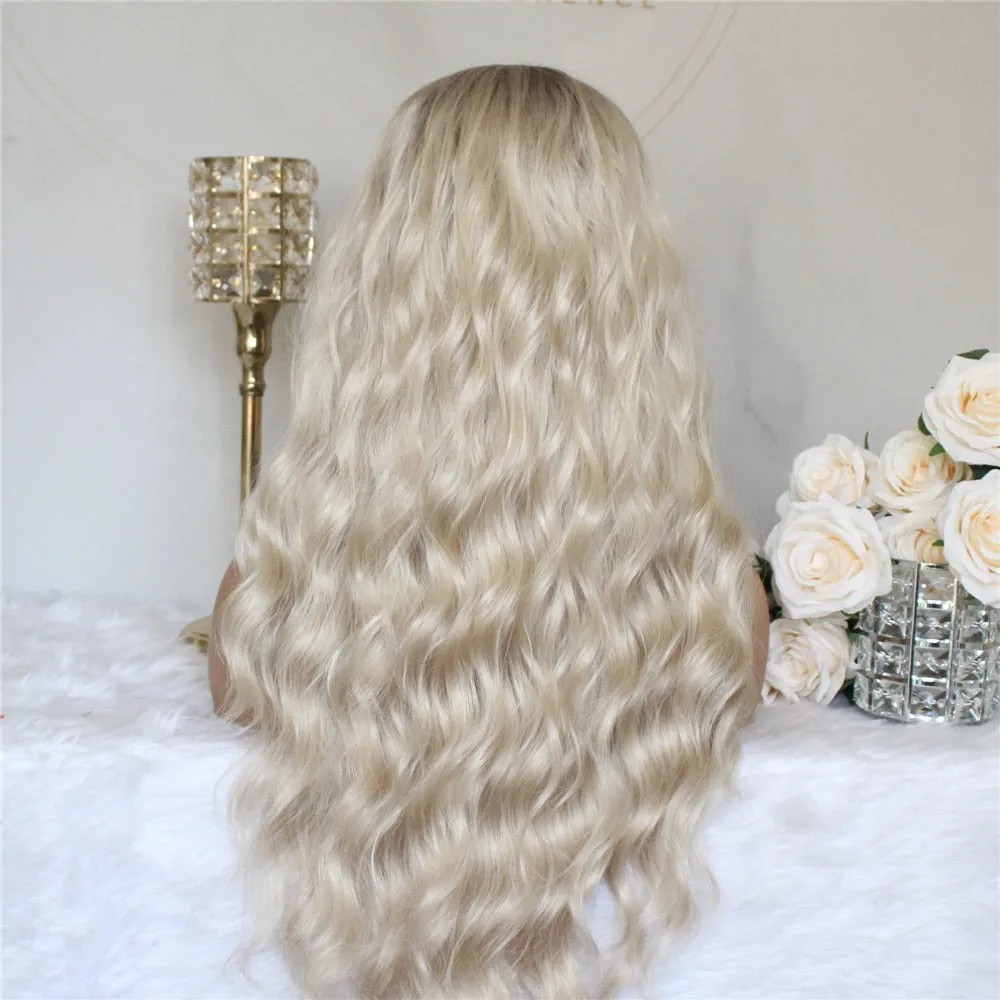 Ombre Platinum Natural Wave Synthetic Lace Wigs for Women 22inch Long Dark Roots Blonde Color Middle Part Heat Resistant Wigs