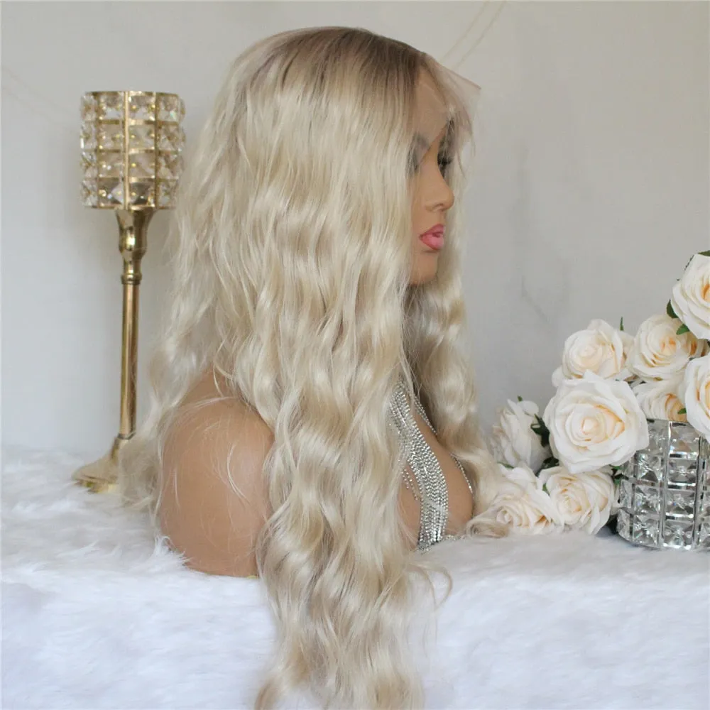 Ombre Platinum Natural Wave Synthetic Lace Wigs for Women 22inch Long Dark Roots Blonde Color Middle Part Heat Resistant Wigs