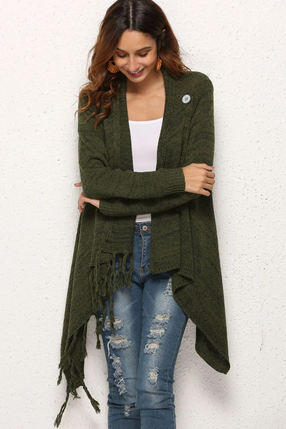 One-Button Tassel Tie Asymmetrical Hem Cardigan