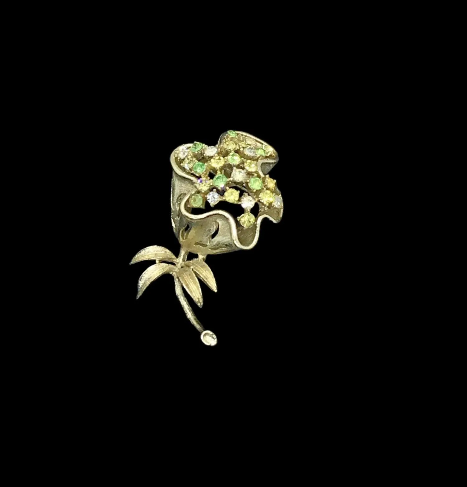 Outstanding Coro Silvery Floral Green Rhinestone Brooch