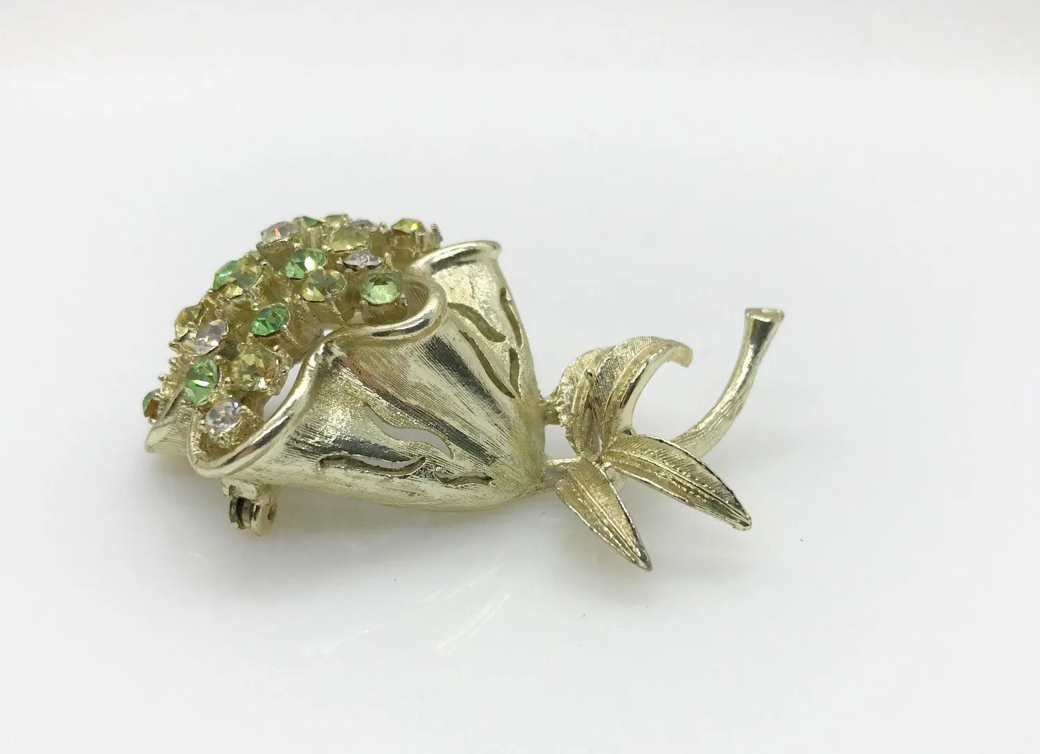 Outstanding Coro Silvery Floral Green Rhinestone Brooch