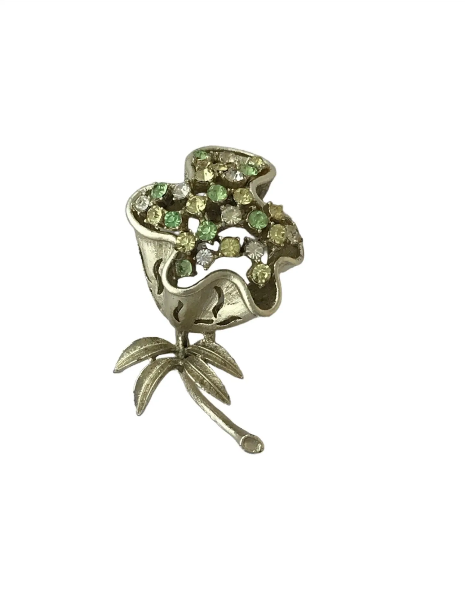 Outstanding Coro Silvery Floral Green Rhinestone Brooch