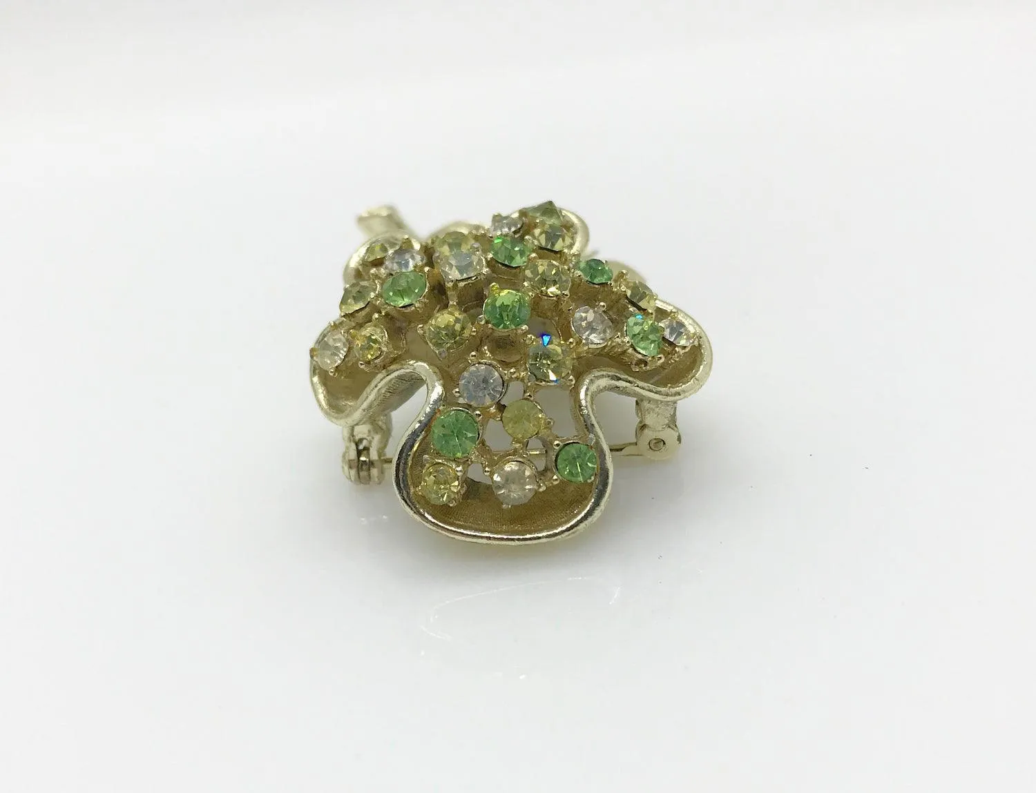 Outstanding Coro Silvery Floral Green Rhinestone Brooch