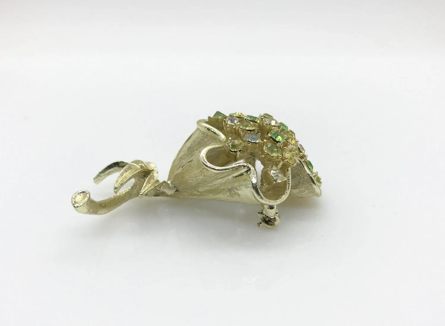 Outstanding Coro Silvery Floral Green Rhinestone Brooch