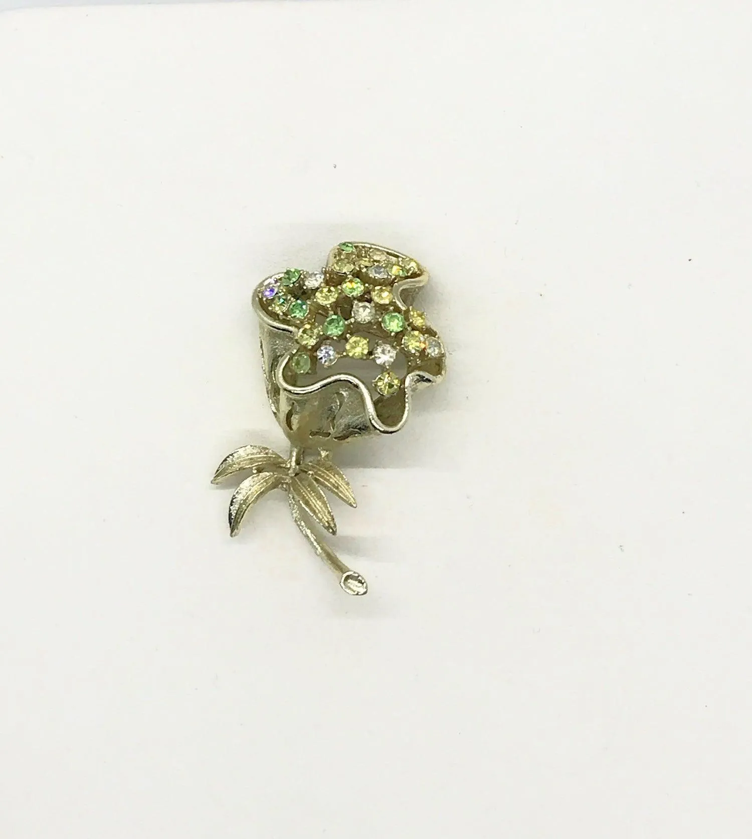 Outstanding Coro Silvery Floral Green Rhinestone Brooch