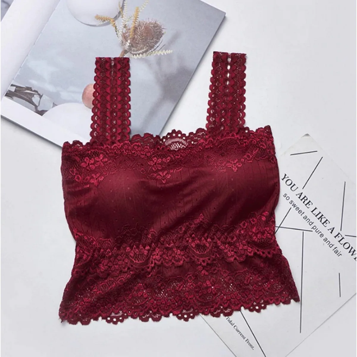 Padded Lace Embroidery Crop Top Bra-423