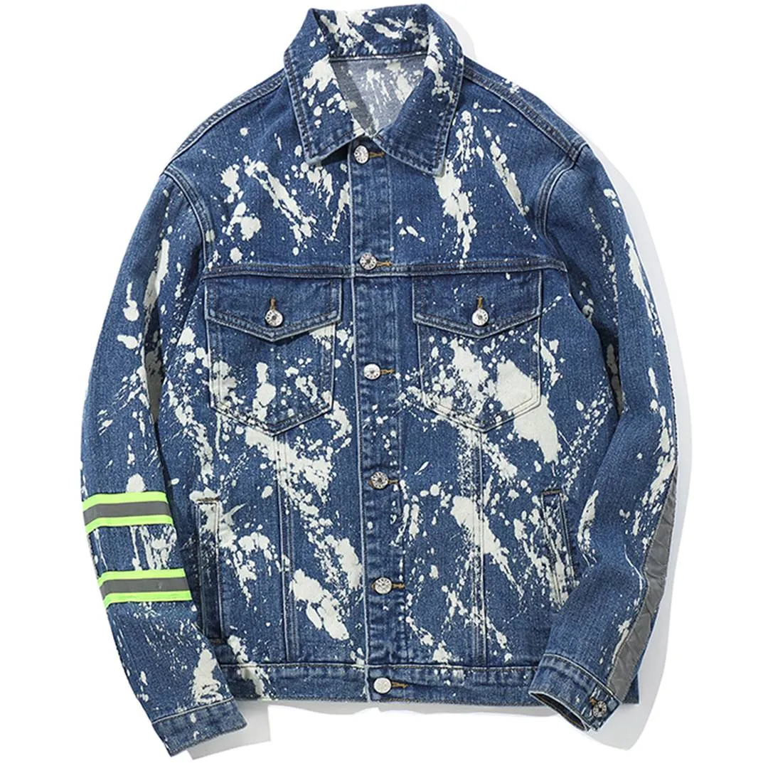 Paint Pattern Denim with Reflective Stripe Men Jacket