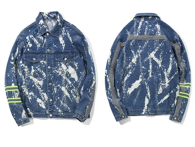 Paint Pattern Denim with Reflective Stripe Men Jacket