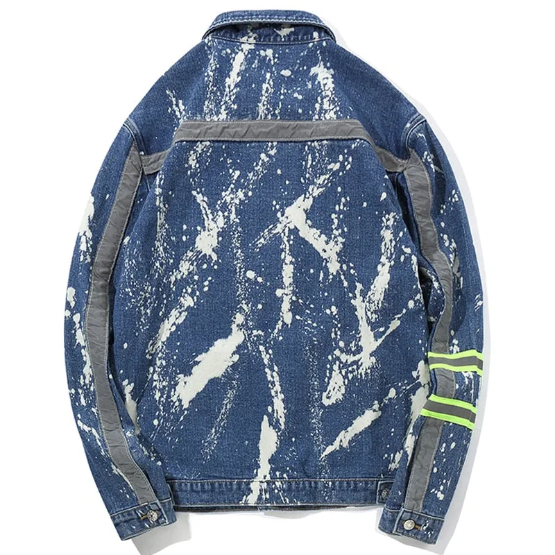 Paint Pattern Denim with Reflective Stripe Men Jacket