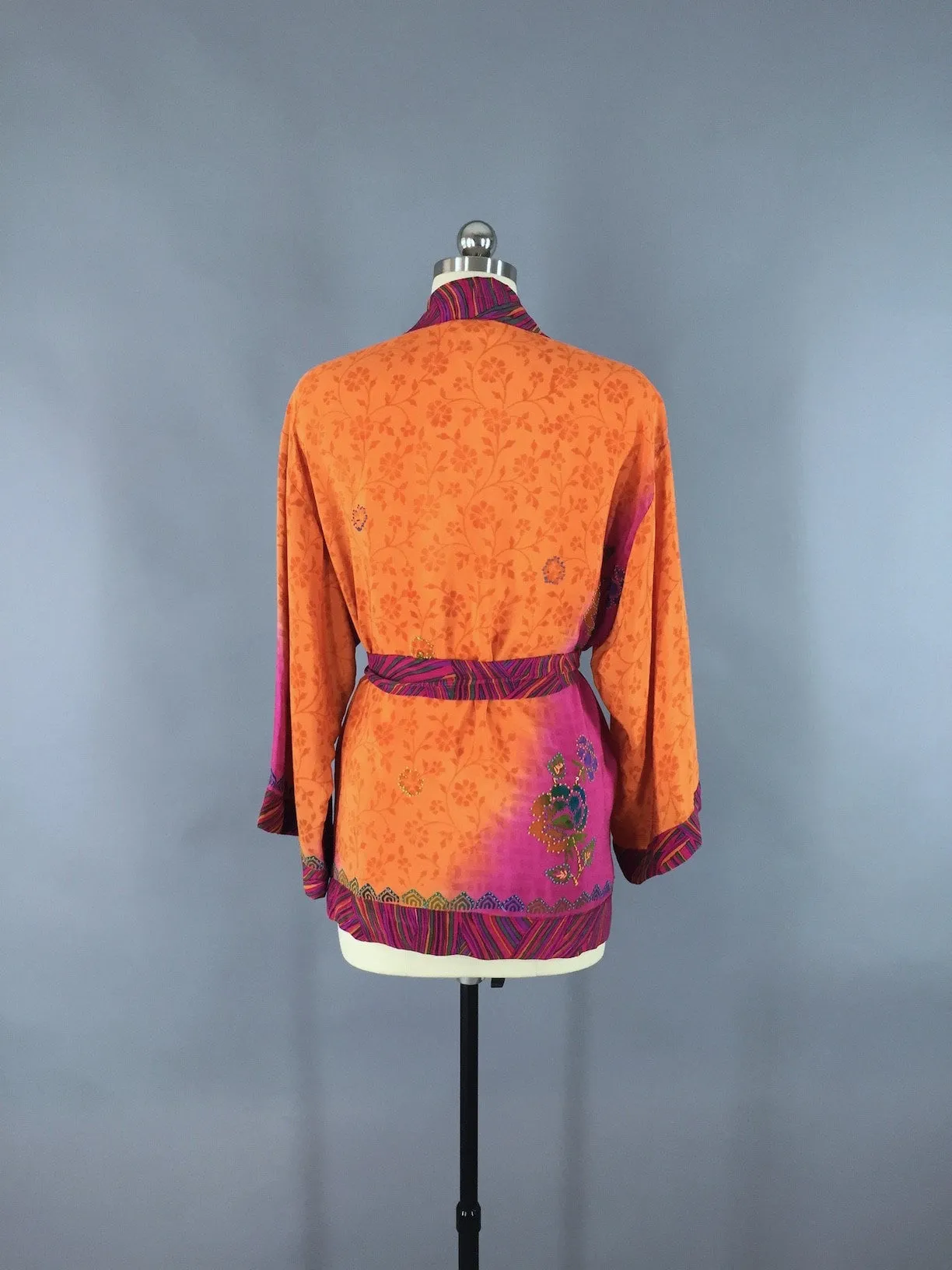 Pink & Orange Floral Print Silk Kimono Jacket made from a Vintage Indian Sari