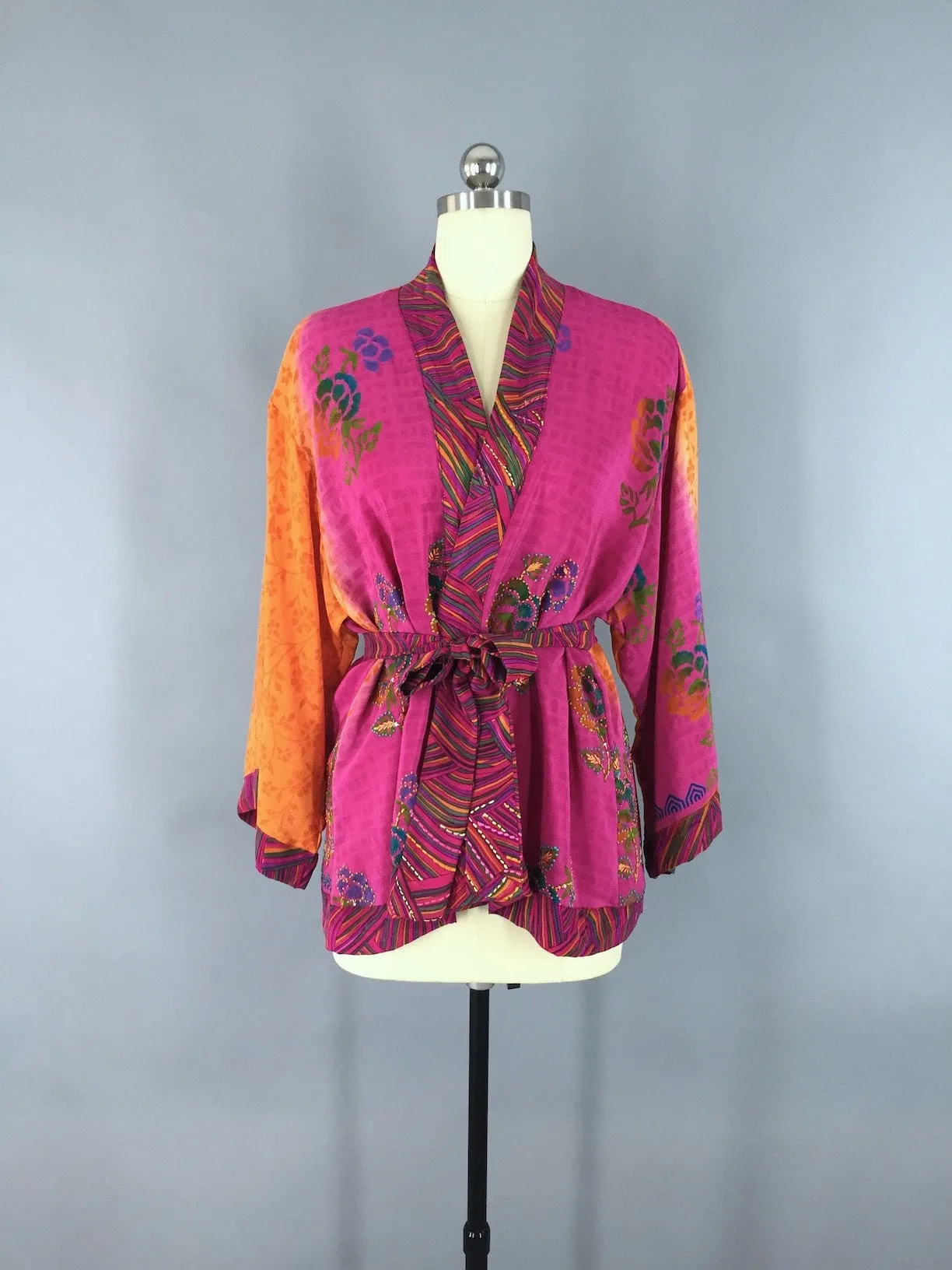 Pink & Orange Floral Print Silk Kimono Jacket made from a Vintage Indian Sari