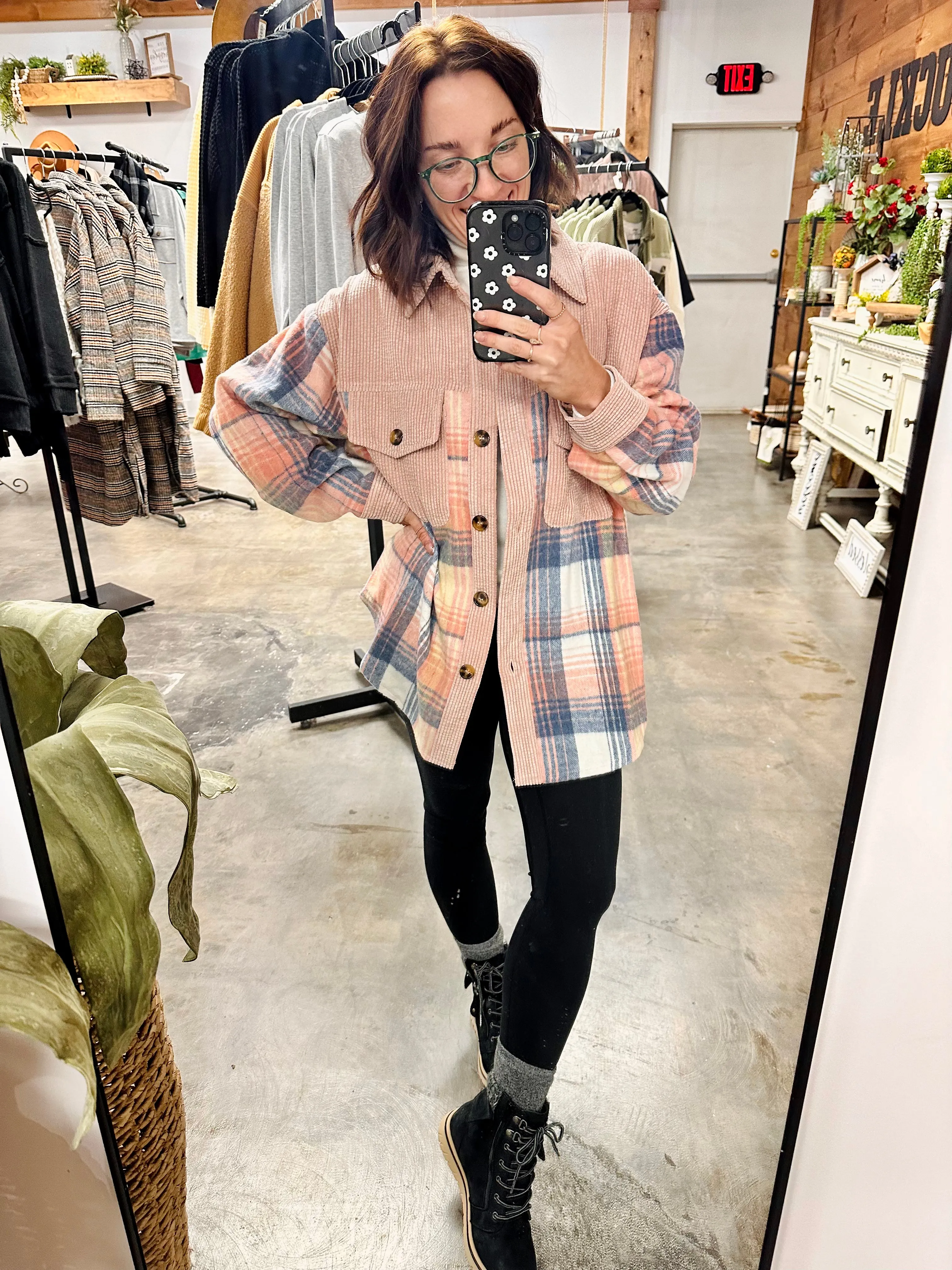 Plaid Colorblock Button Down Jacket