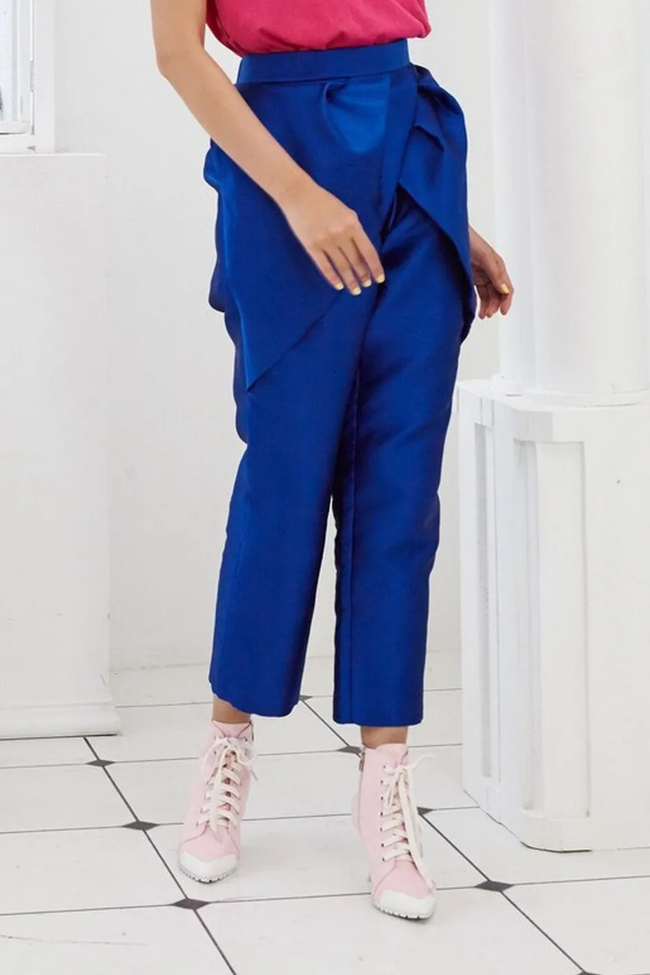 Pre-Order BLUE TAFFETA - PLEATED PETAL TROUSERS - BLUE