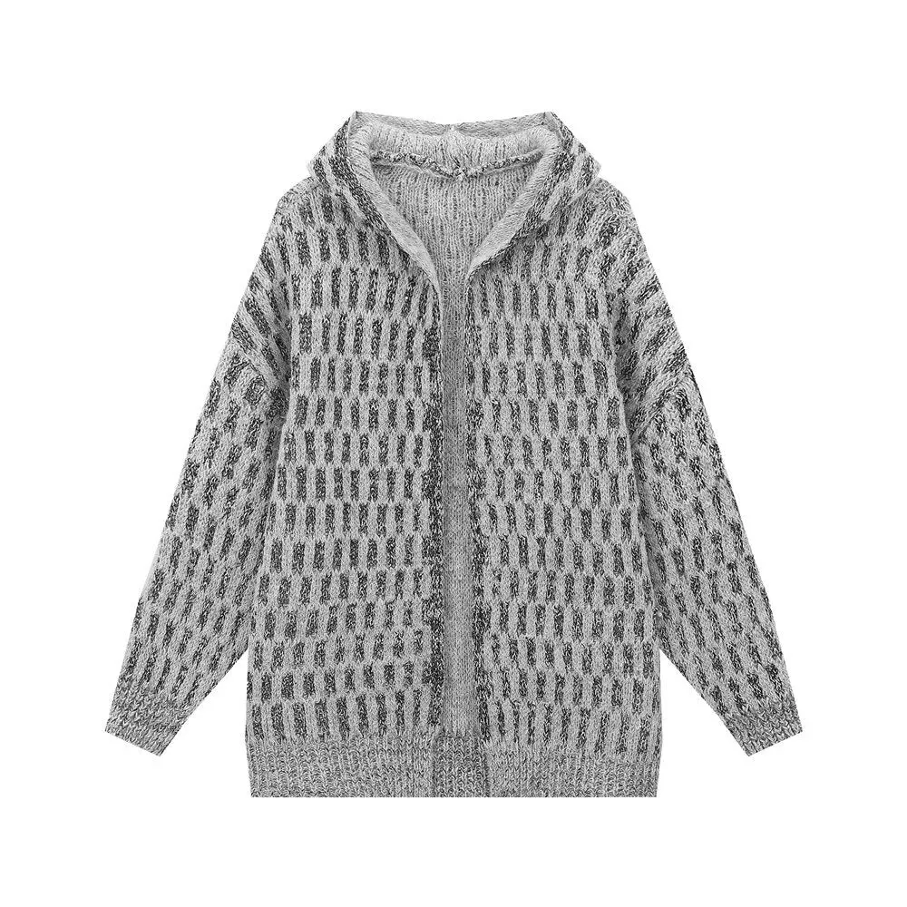 Pre Order: Grey Hooded Loose-Fit Knitted Sweater