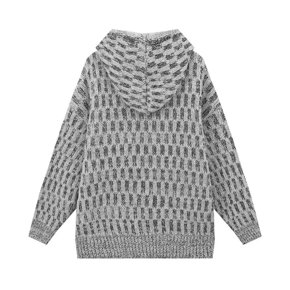 Pre Order: Grey Hooded Loose-Fit Knitted Sweater