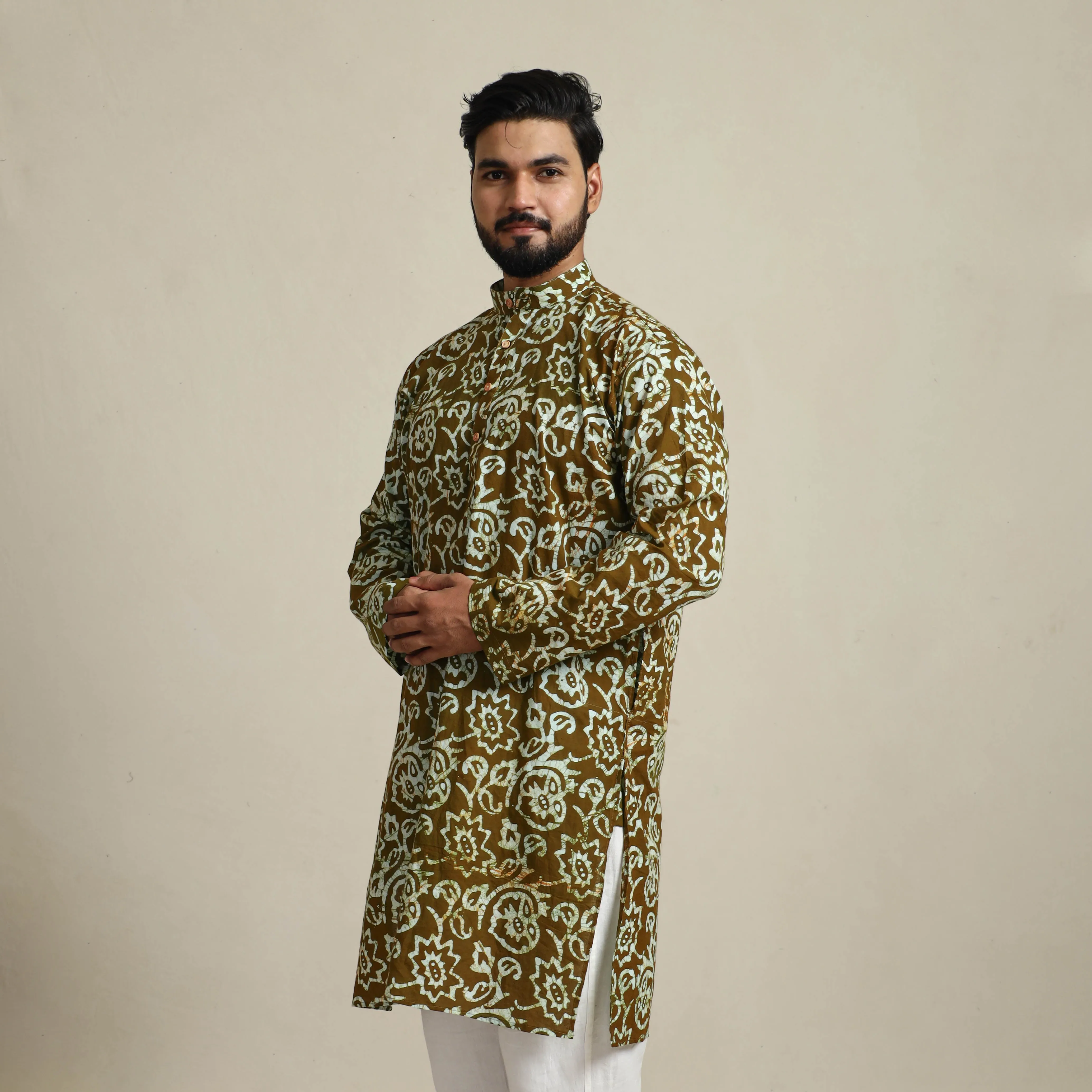 Pure Cotton Men Long Batik Print Kurta 07