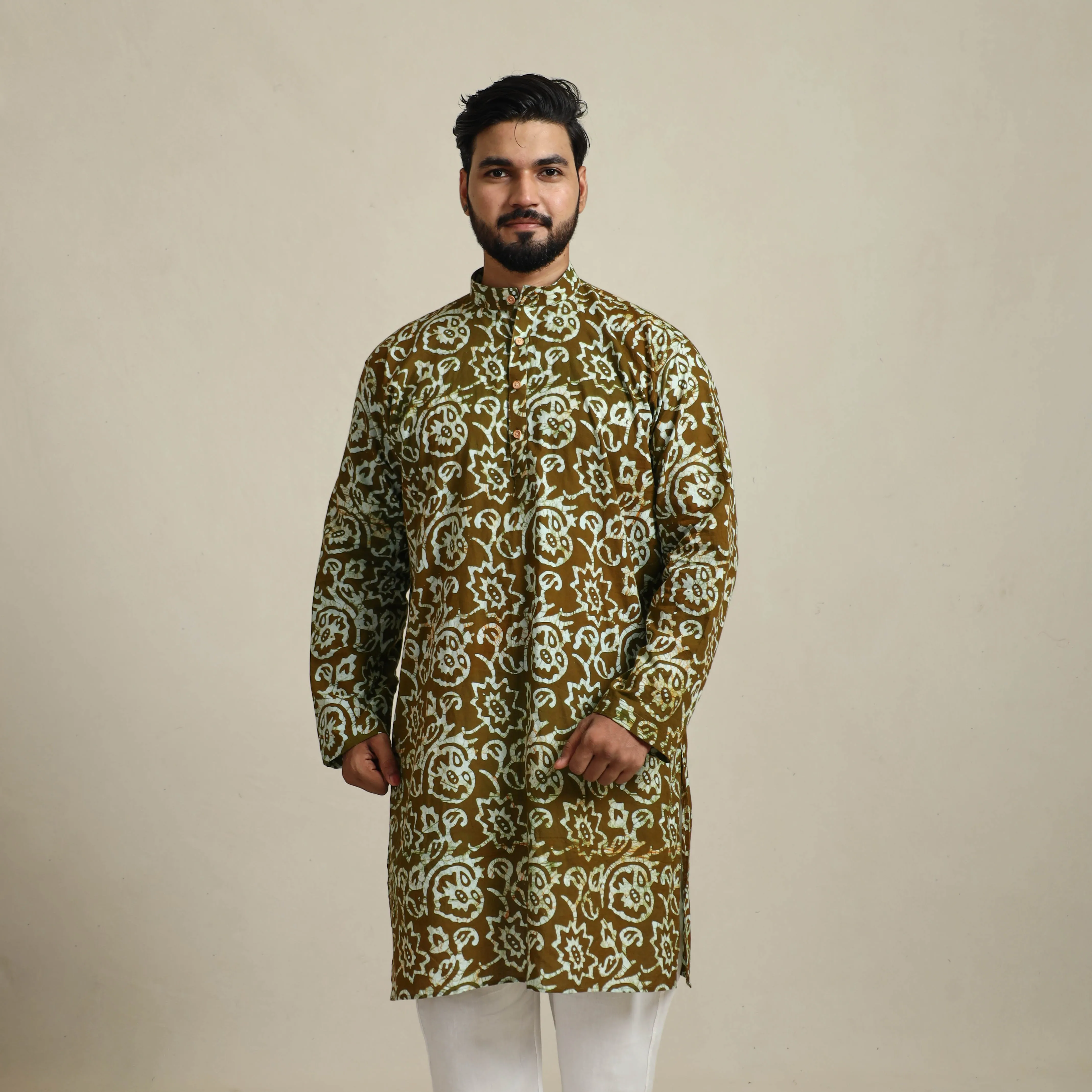 Pure Cotton Men Long Batik Print Kurta 07