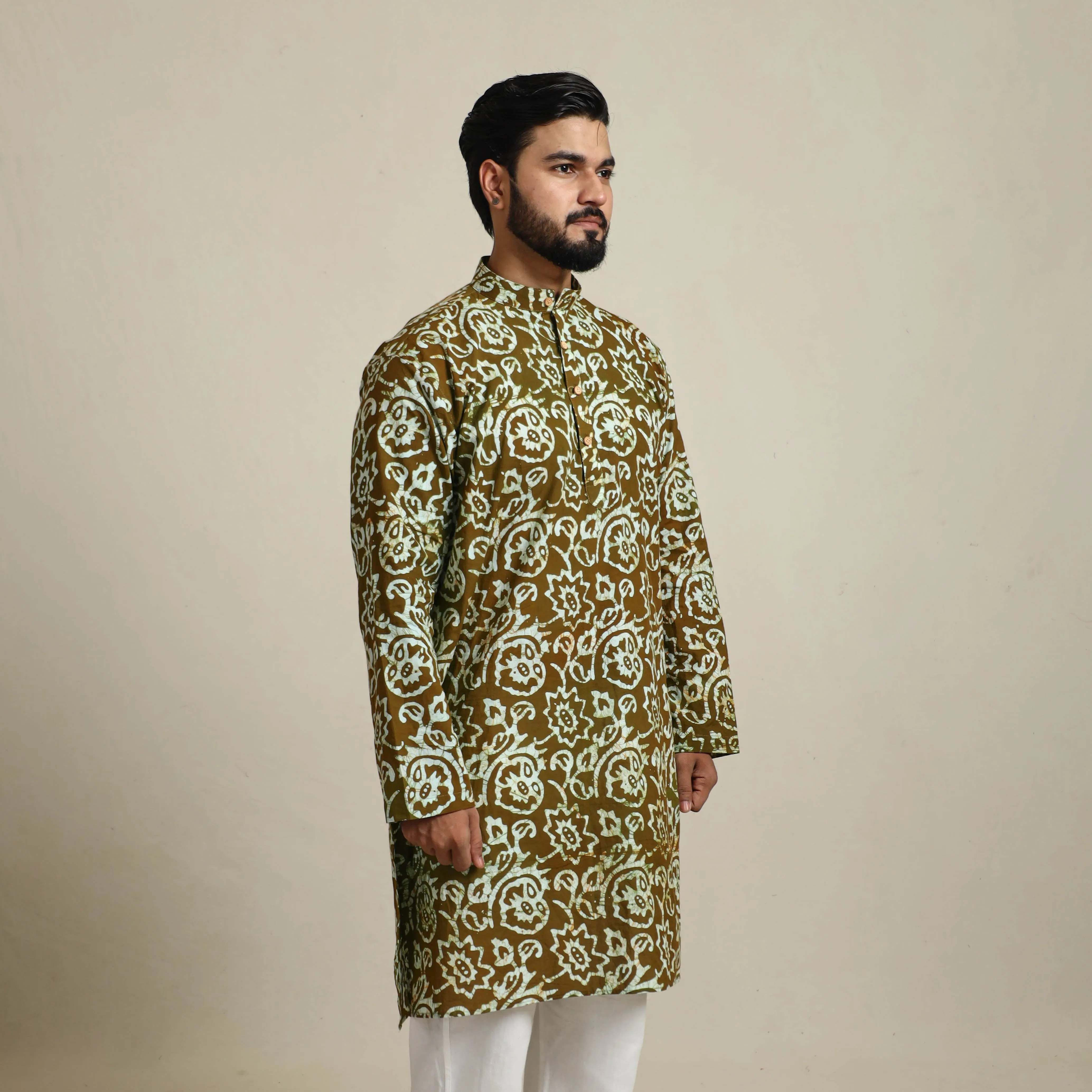 Pure Cotton Men Long Batik Print Kurta 07