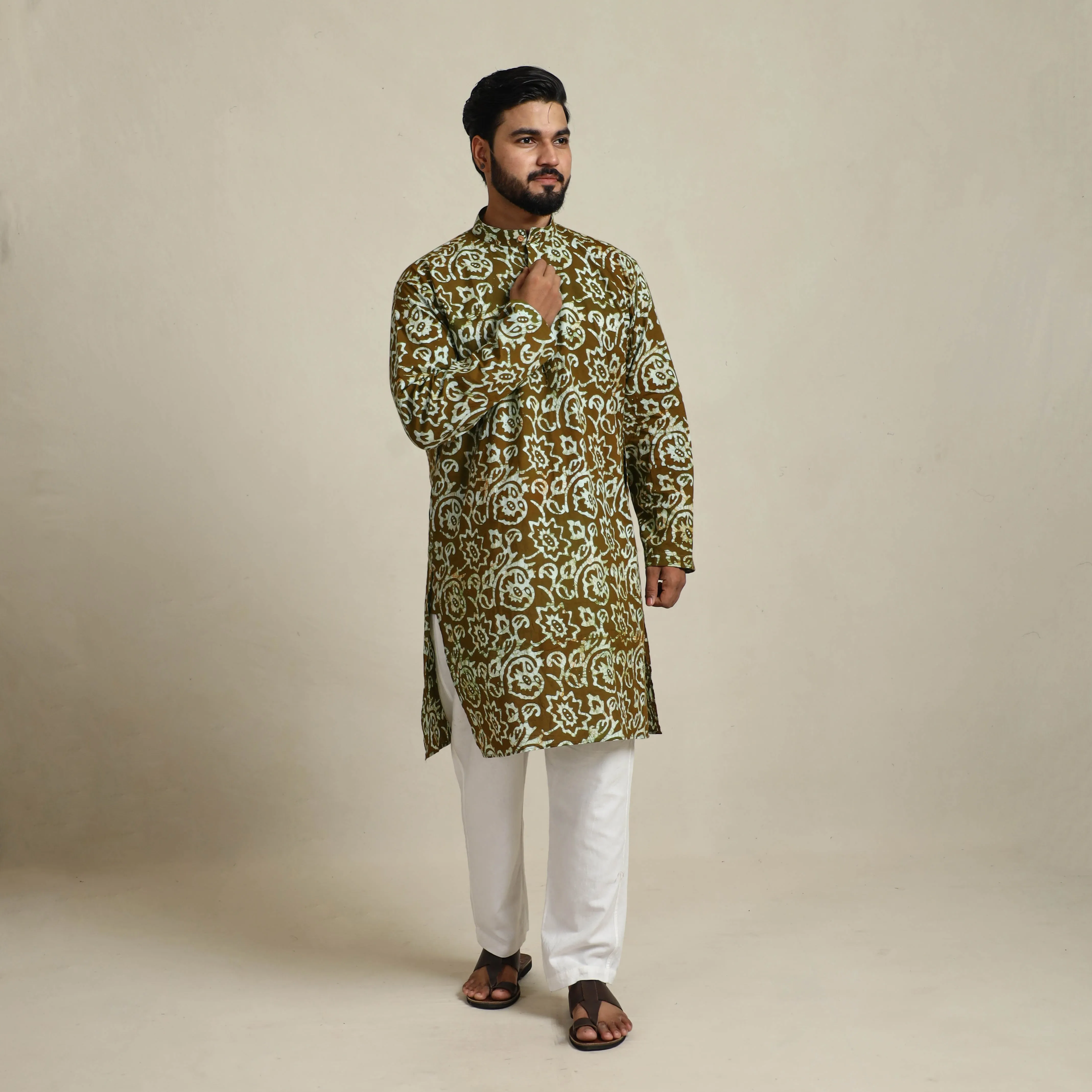 Pure Cotton Men Long Batik Print Kurta 07