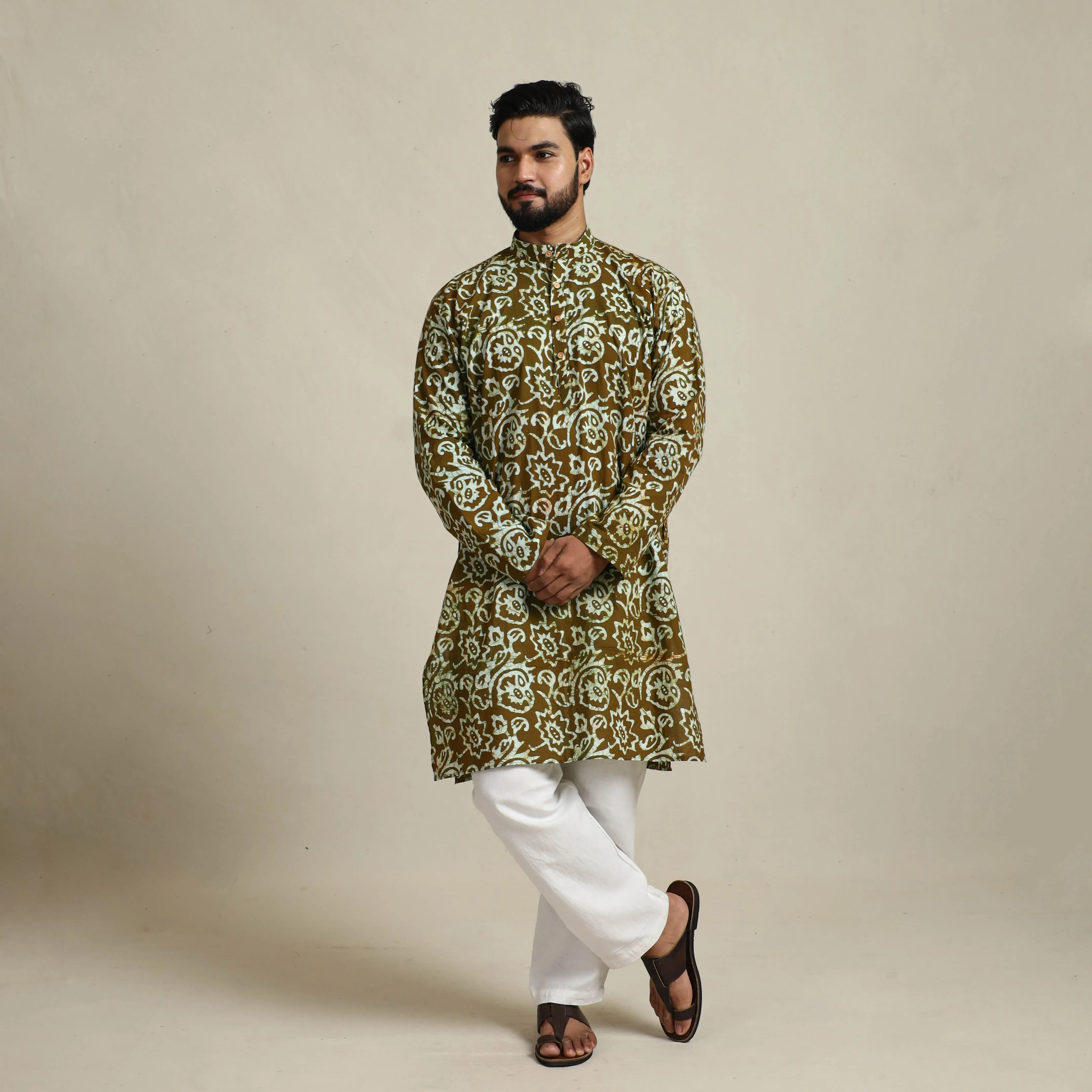 Pure Cotton Men Long Batik Print Kurta 07