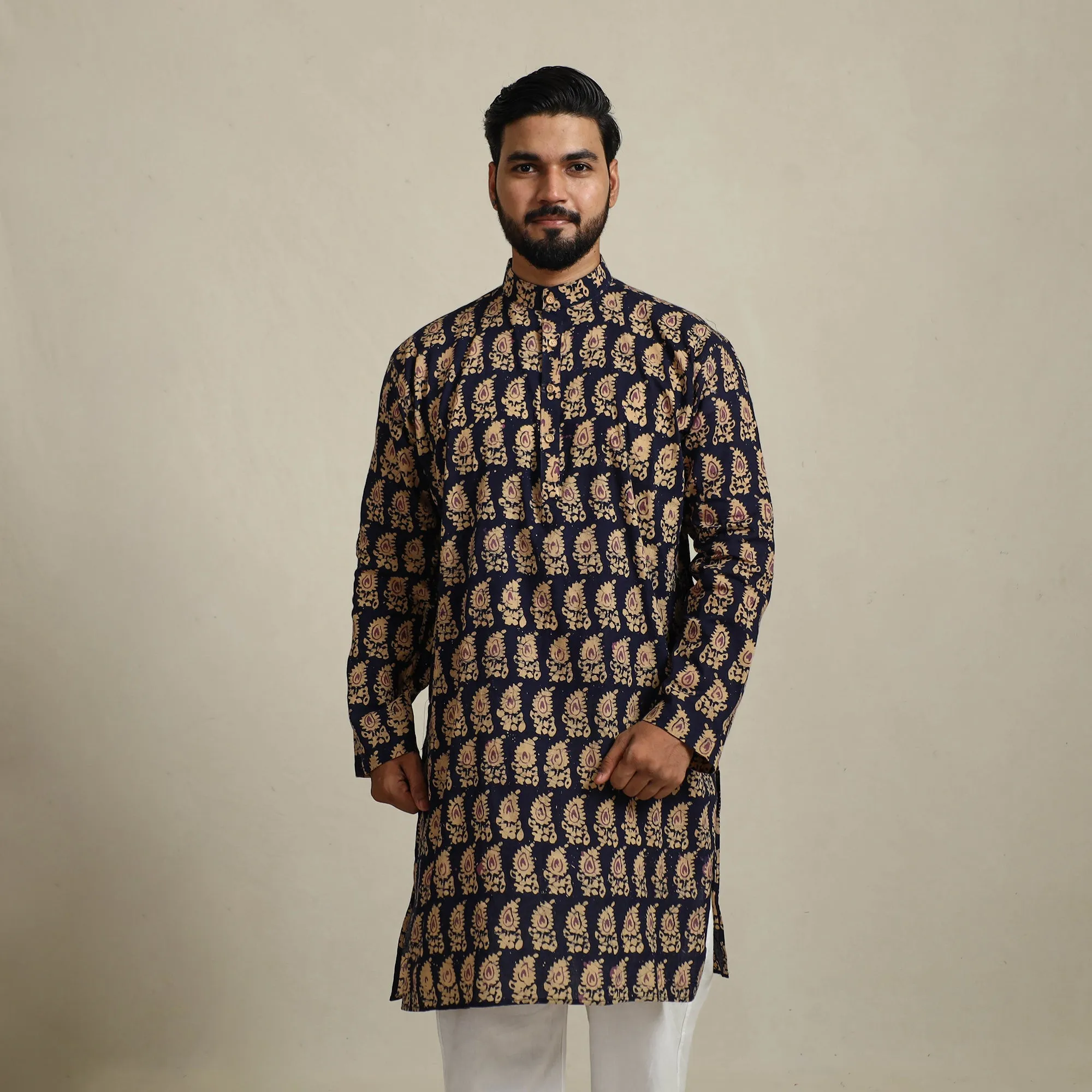 Pure Cotton Men Long Batik Print Kurta 08