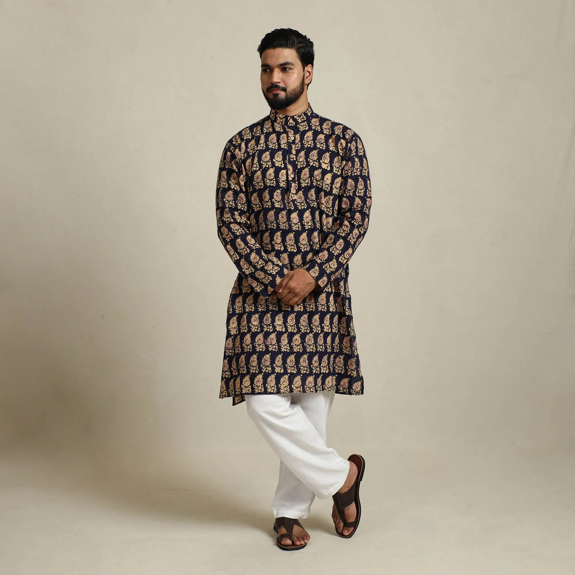 Pure Cotton Men Long Batik Print Kurta 08