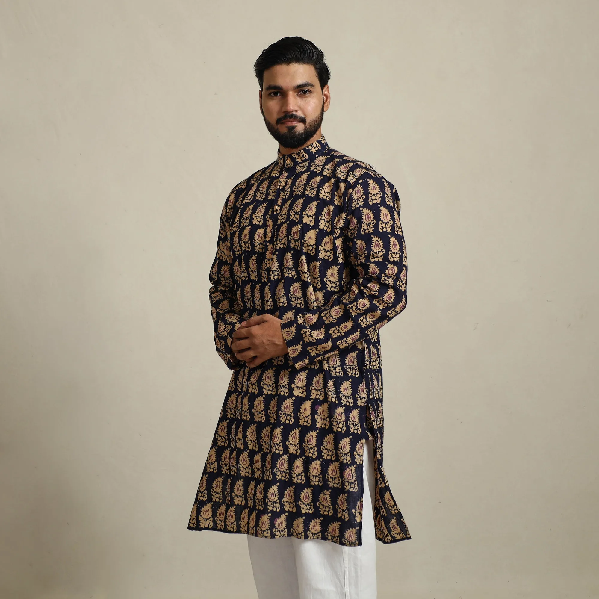 Pure Cotton Men Long Batik Print Kurta 08