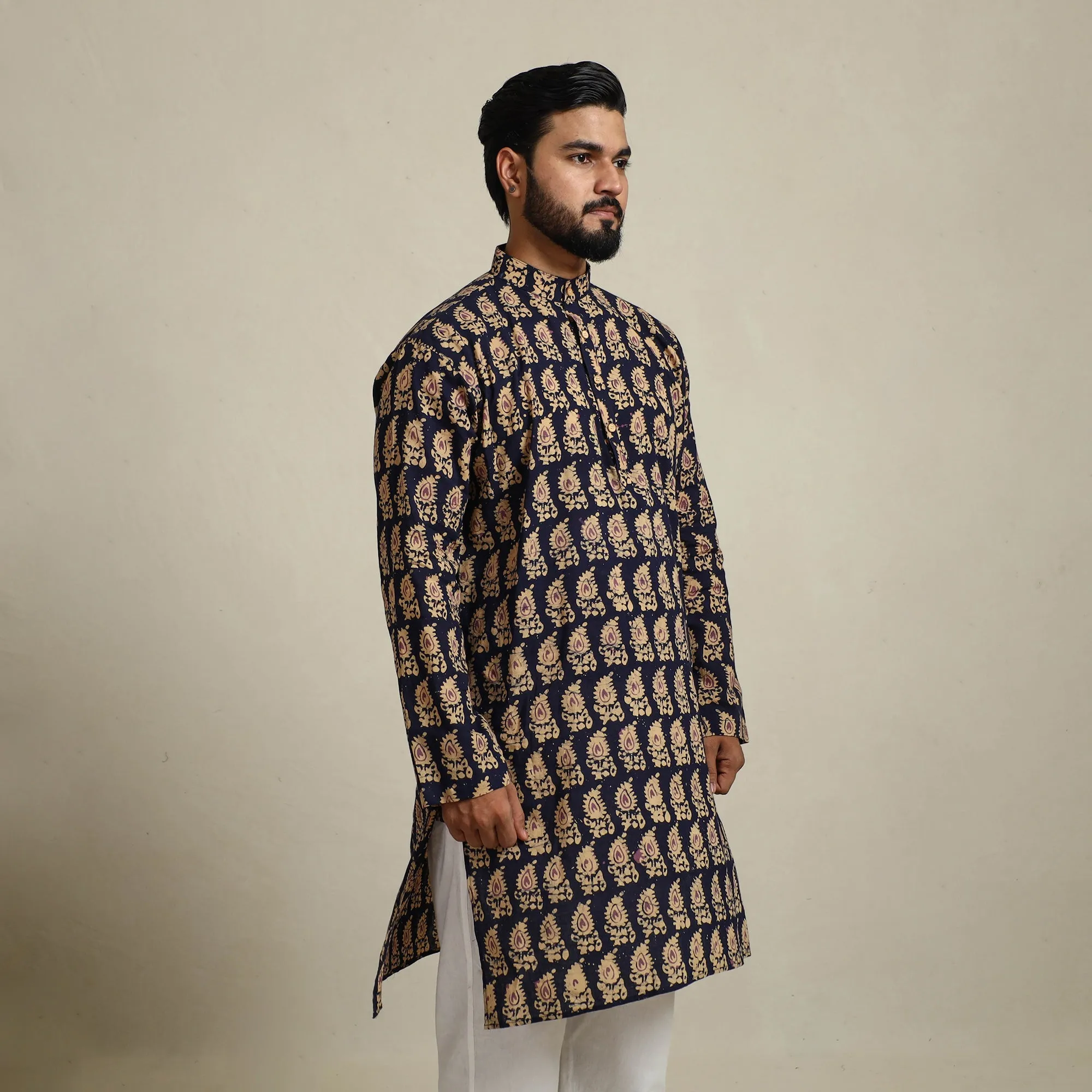 Pure Cotton Men Long Batik Print Kurta 08