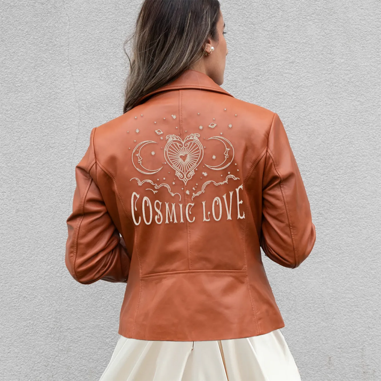 (Real Leather) Embroidered Cosmic Love Leather Jacket