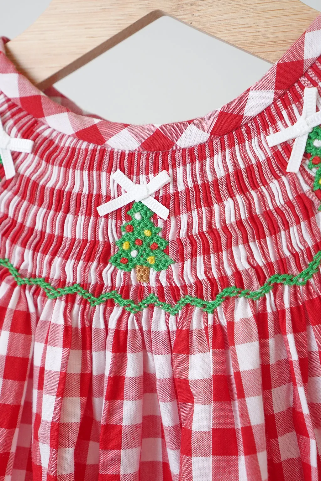 Red christmas tree hand smocked gingham romper